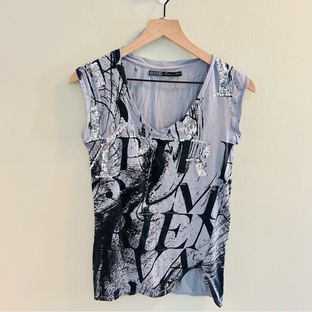 Zara Evening Collection Graphic T-Shirt Womens Size Small Grey Y2K Sequin Black